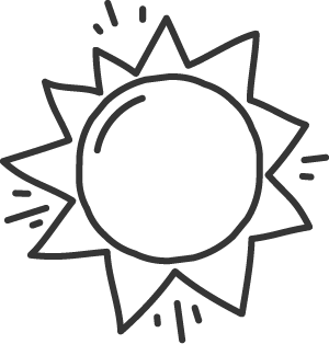 Black and white line drawing of a sun with rays extending outward in a jagged pattern.
