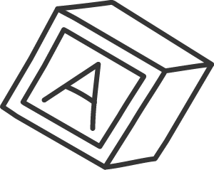 A black and white line drawing of a block with the letter "A" on its visible face.