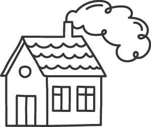 A simple line drawing of a house with a door, two windows, a roof, and smoke rising from the chimney.