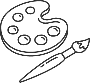 A black and white line drawing of an artist's paint palette with six paint wells and a paintbrush.