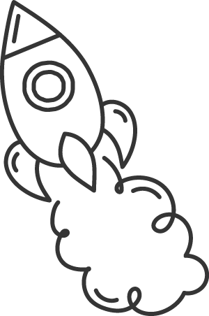 Black and white line drawing of a rocket launching upward with smoke trailing from its engines.