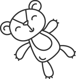 Simple line drawing of a smiling teddy bear with closed eyes, one arm raised, positioned at a diagonal angle.