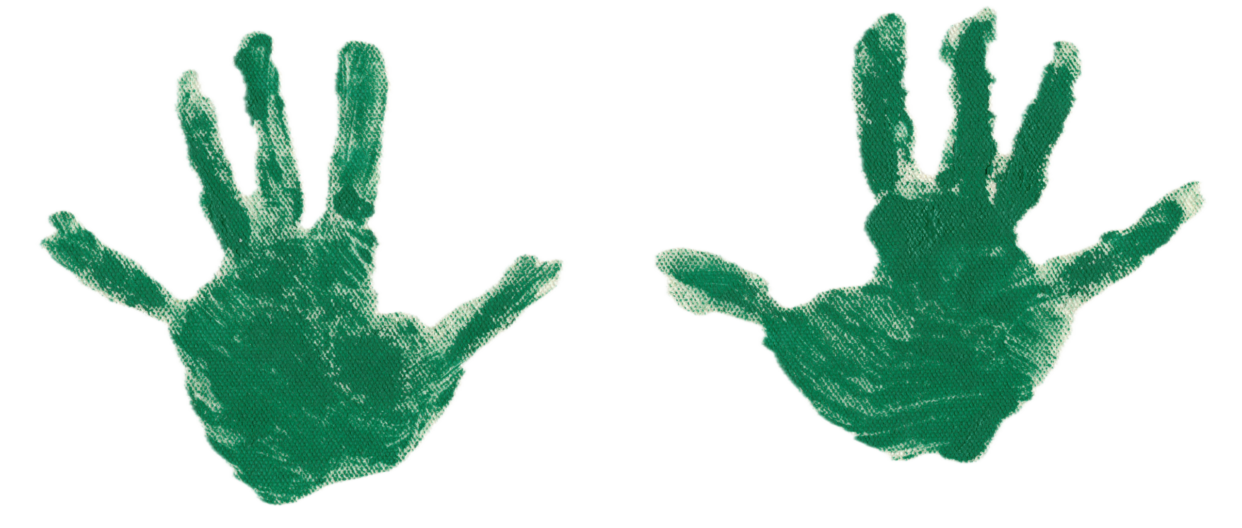Two green handprints, one left and one right, are stamped side by side on a white background.