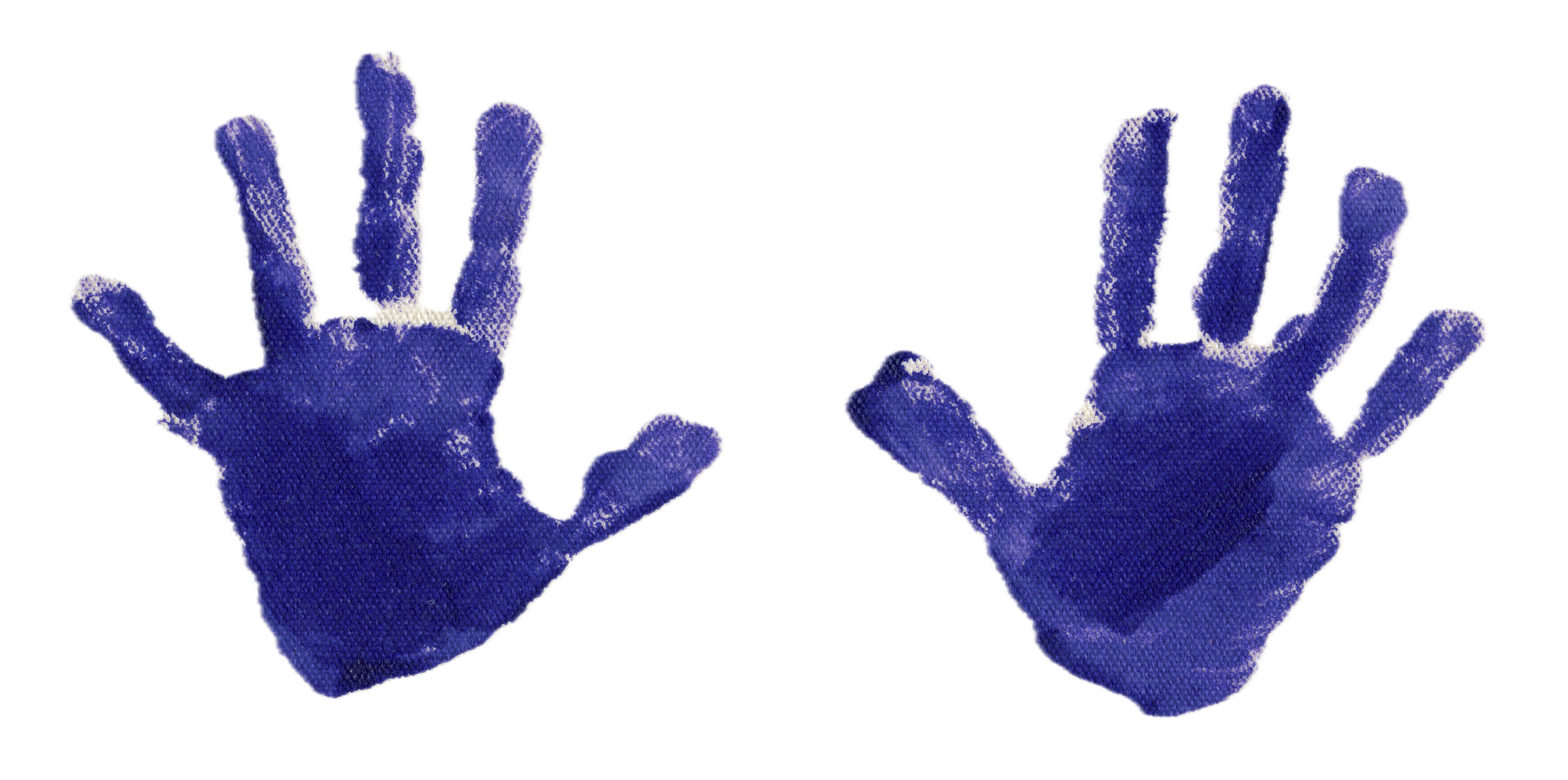 Two blue handprints are stamped side by side on a white background.